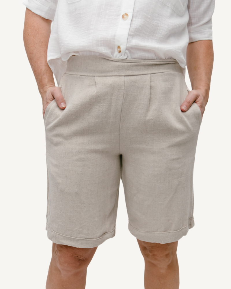 Comfortable and breathable linen shorts, ideal for warm weather outings.
