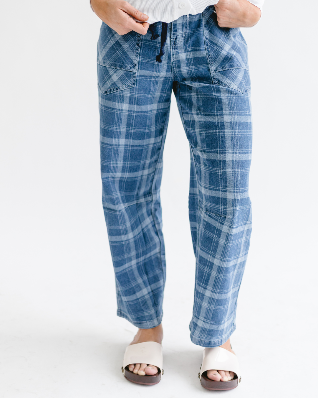 Plaid Print Drawstring Waist Wide Leg Denim Pants