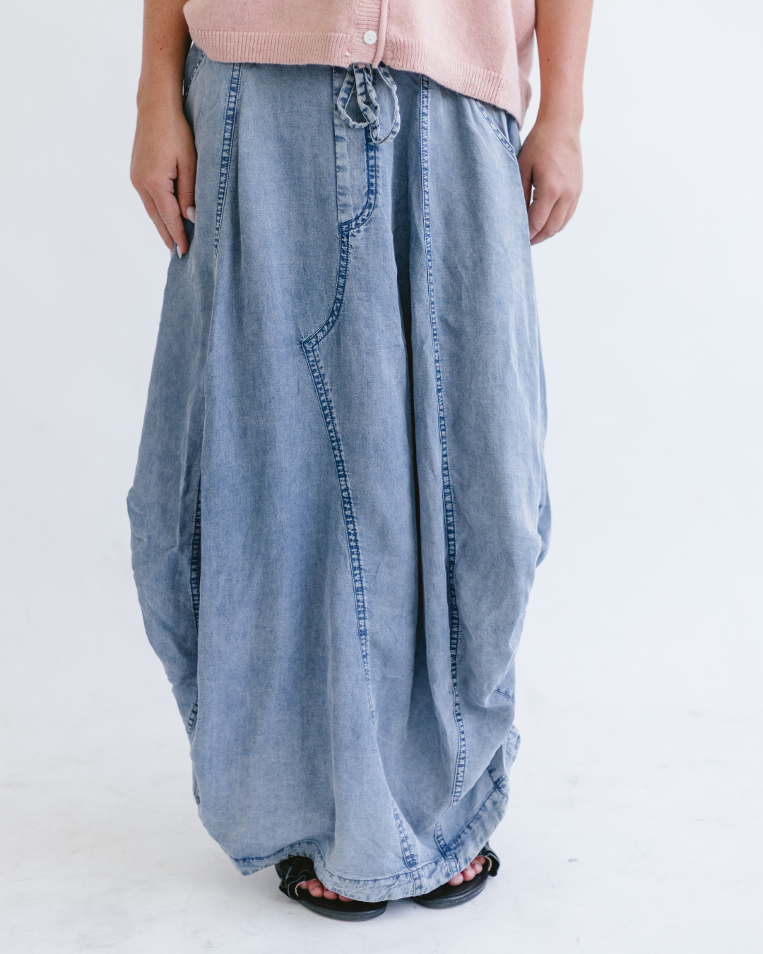 Denim Side Tuck Midi Skirt