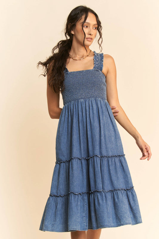 WASHED DENIM SMOCKING STRAPS TIERED MIDI DRESS