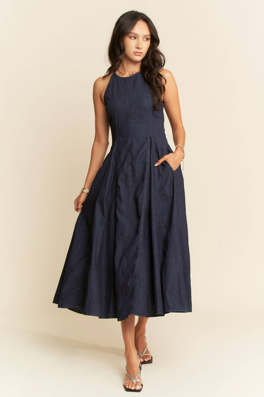 WASHED DENIM SLEEVELESS PANEL FLARE MAXI DRESS