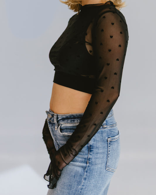 Heart Mesh Mock Neck Halftee