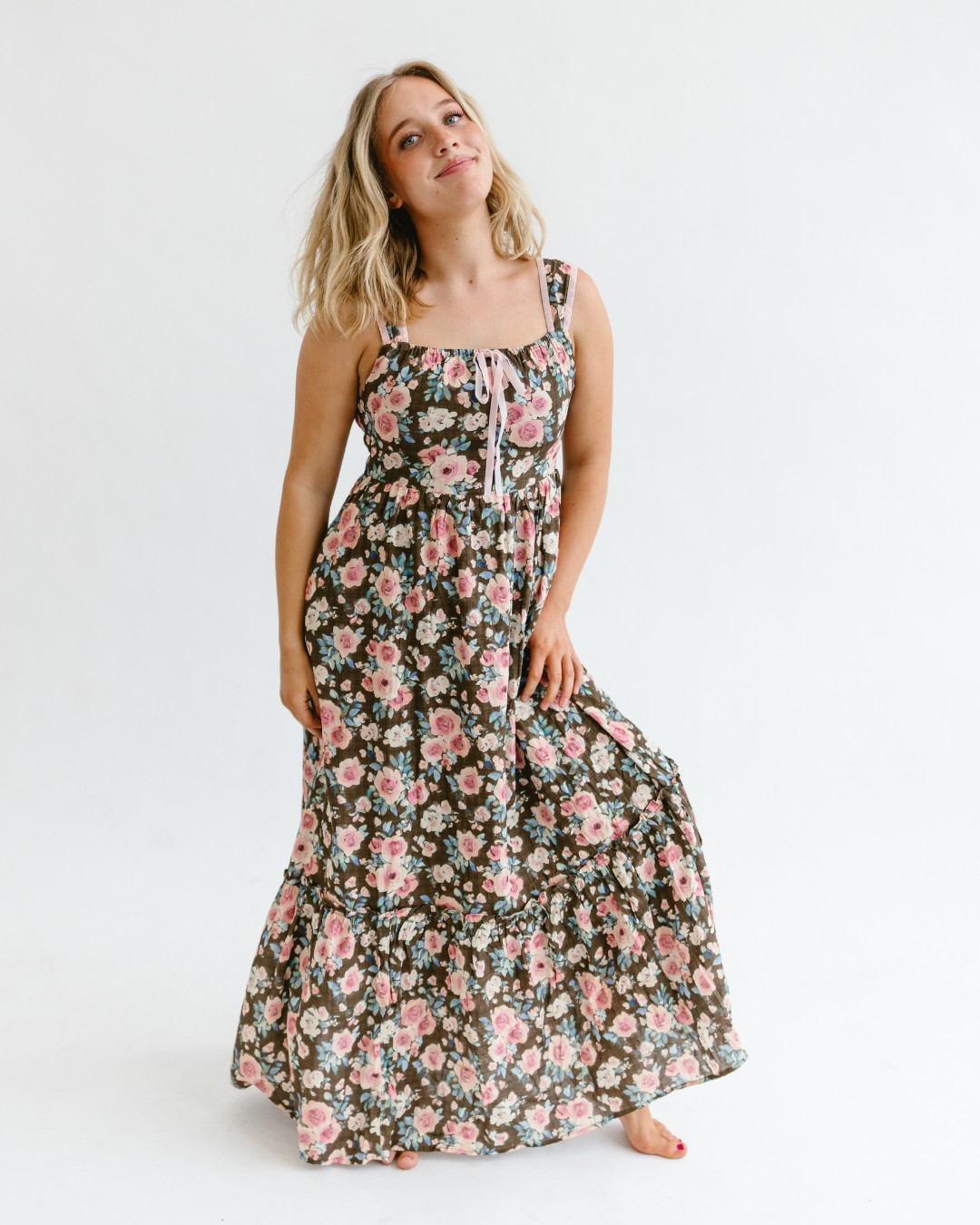 Garden Floral Dress with Velvet Ribbon Straps