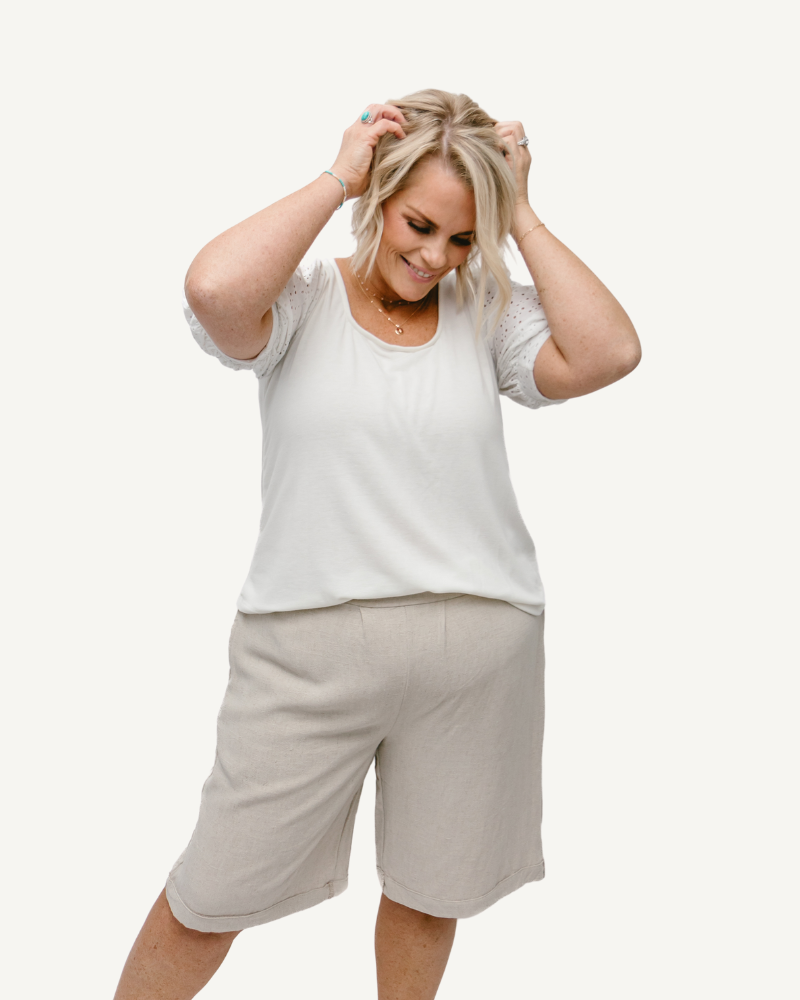 Comfortable and breathable linen shorts, ideal for warm weather outings.