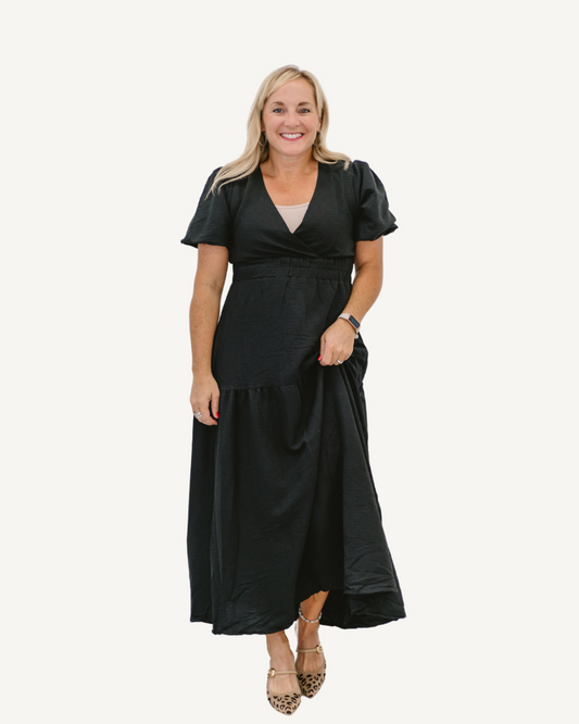 Bubble Sleeves V-Neck Midi Dress