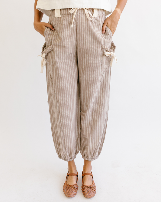 Bow Detail Stripe Textured Woven Pants