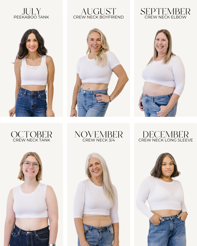 A diverse group of women in fresh white shirts and jeans posing for a photo.