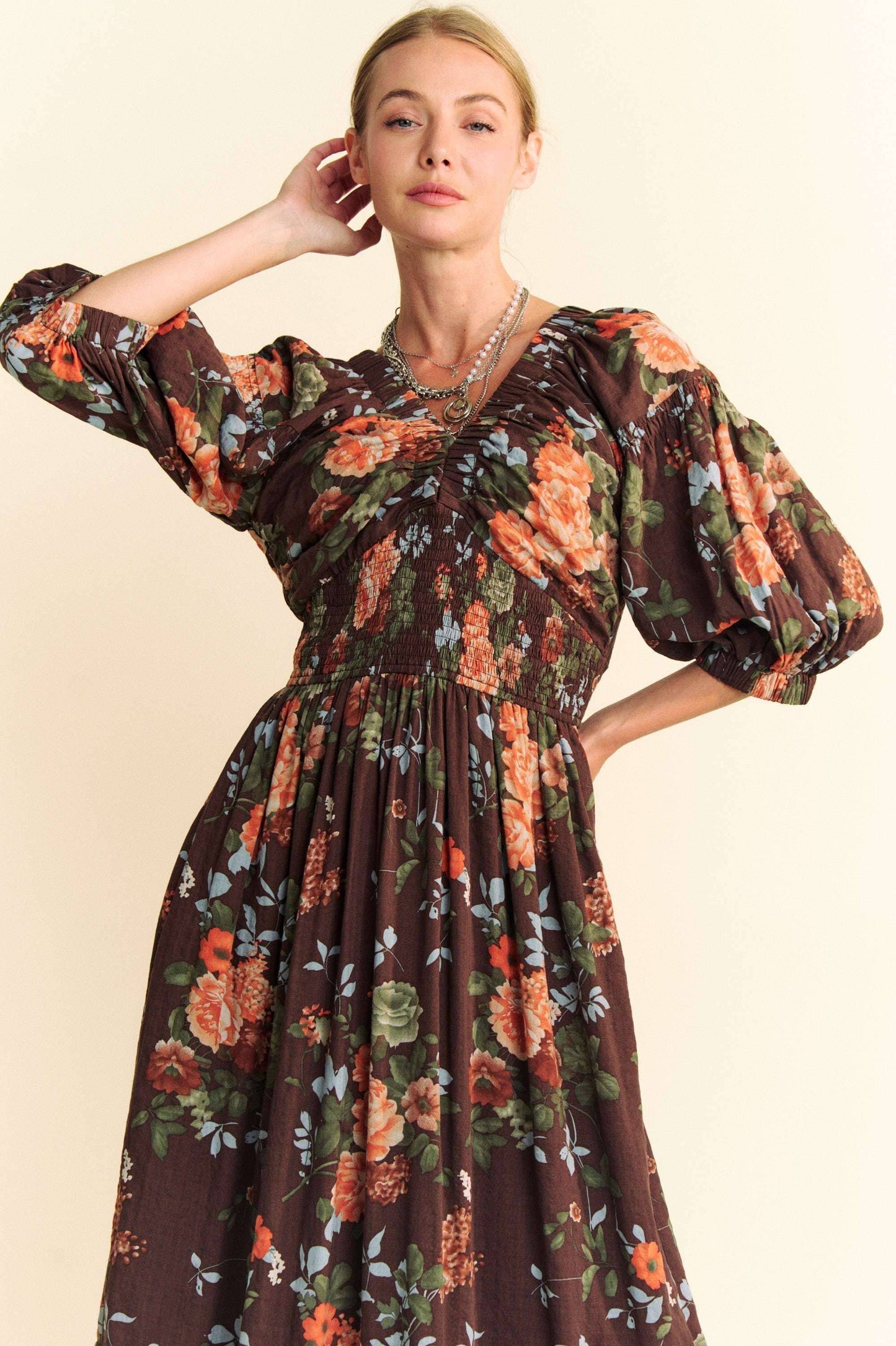 FLORAL THREE QUARTER SLEEVE SMOCKED MAXI DRESS
