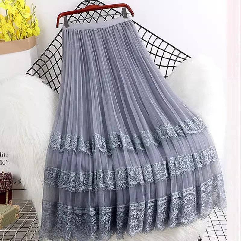 A-Line Mesh Lace Layered Midi Skirt