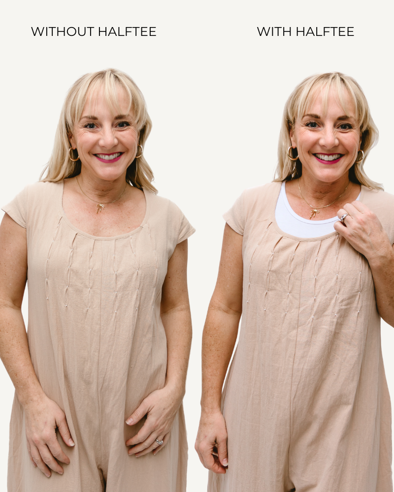 2 woman in a nude dress with a smile on her face, wearing a Short Sleeve Jumper.