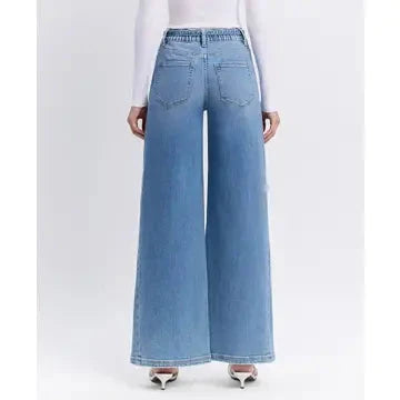 High Rise Elastic Tie Waistband Baggy Wide Jeans