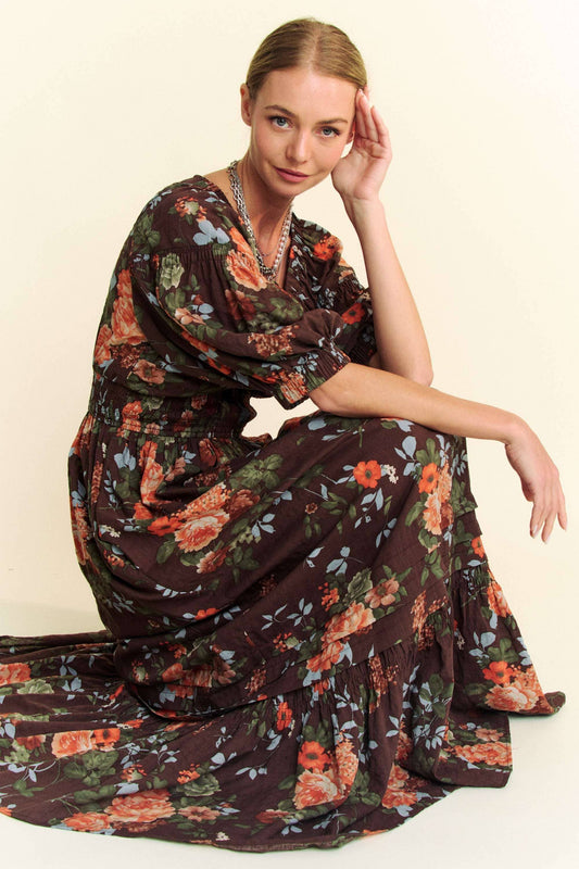 FLORAL THREE QUARTER SLEEVE SMOCKED MAXI DRESS