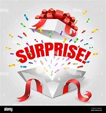 A surprise gift box adorned with a red ribbon and colorful confetti, perfect for any special occasion.