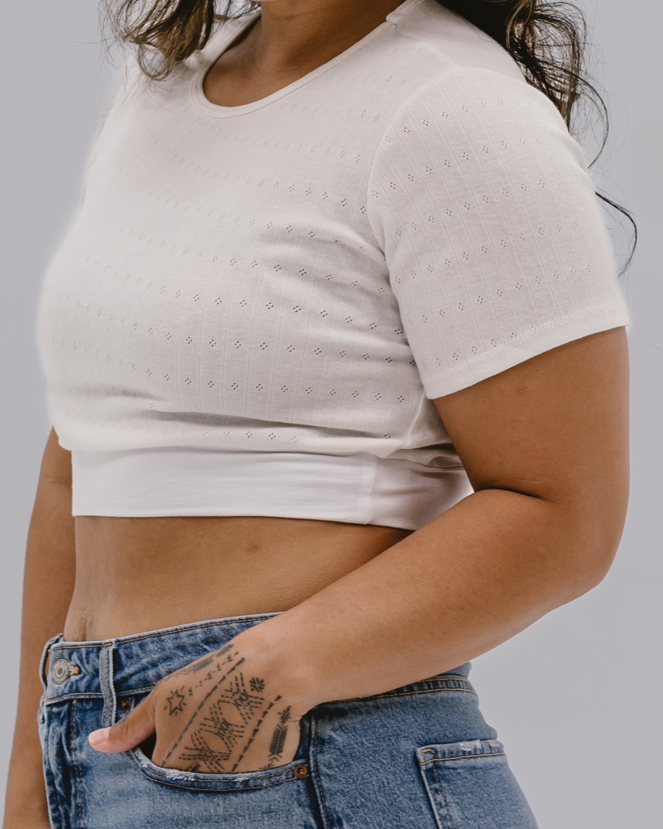Eyelet Knit Boyfriend Sleeve Halftee - 100% Cotton