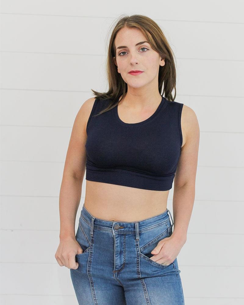 navy crop top made from soft cotton blend, Crew Neck Tank Halftee.
