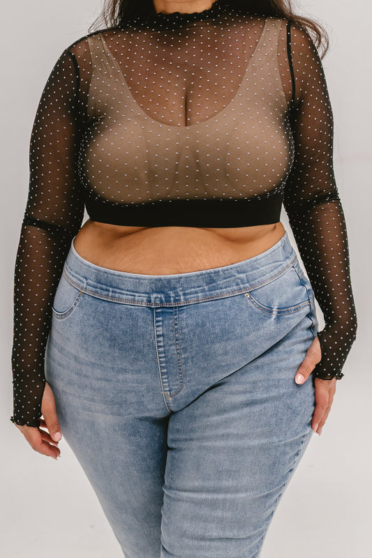 Relaxed Mock Neck Polka Dot Mesh Halftee