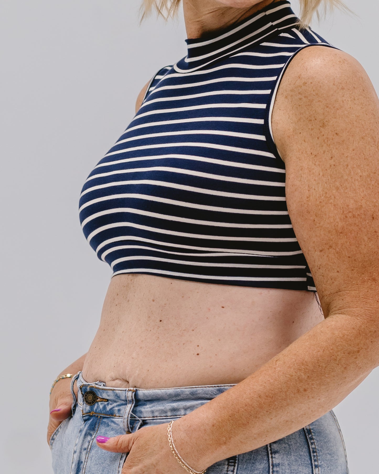 Navy Striped Sleeveless Mock