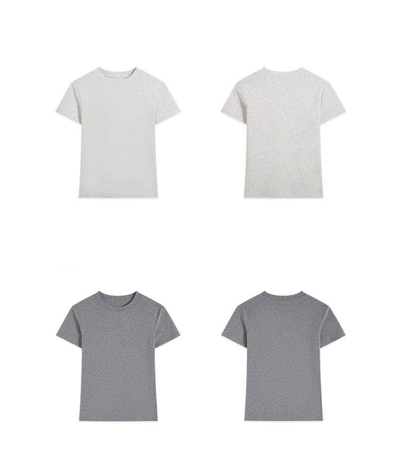Four plain t-shirts arranged in two rows. The top row shows light gray shirts, front and back. The bottom row shows dark gray shirts, front and back.