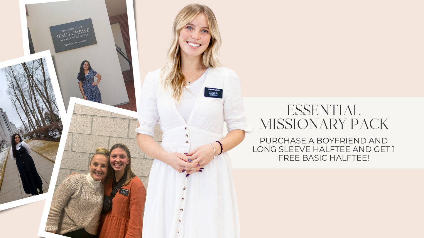 A smiling young woman in a black dress, holding an Essential Missionary Pack white.