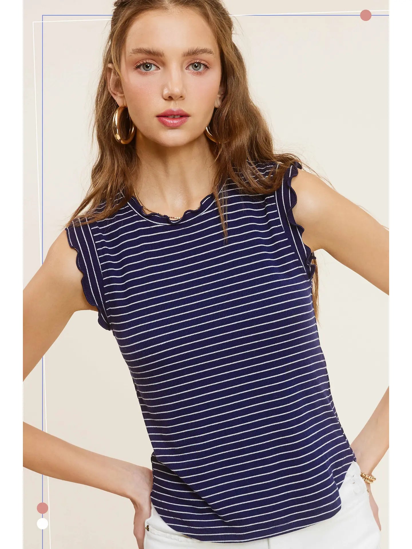 Stretchy Brushed Ruffle Sleeve Stripe Tank Top