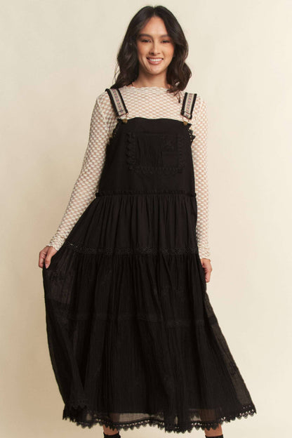 FRONT POCKET EMBROIDERED LACE PINAFORE DRESS