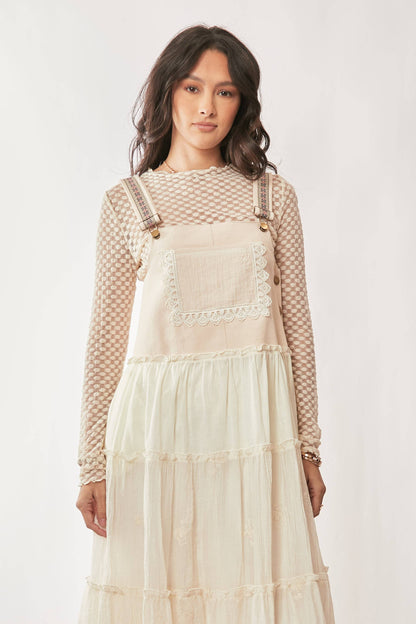 FRONT POCKET EMBROIDERED LACE PINAFORE DRESS