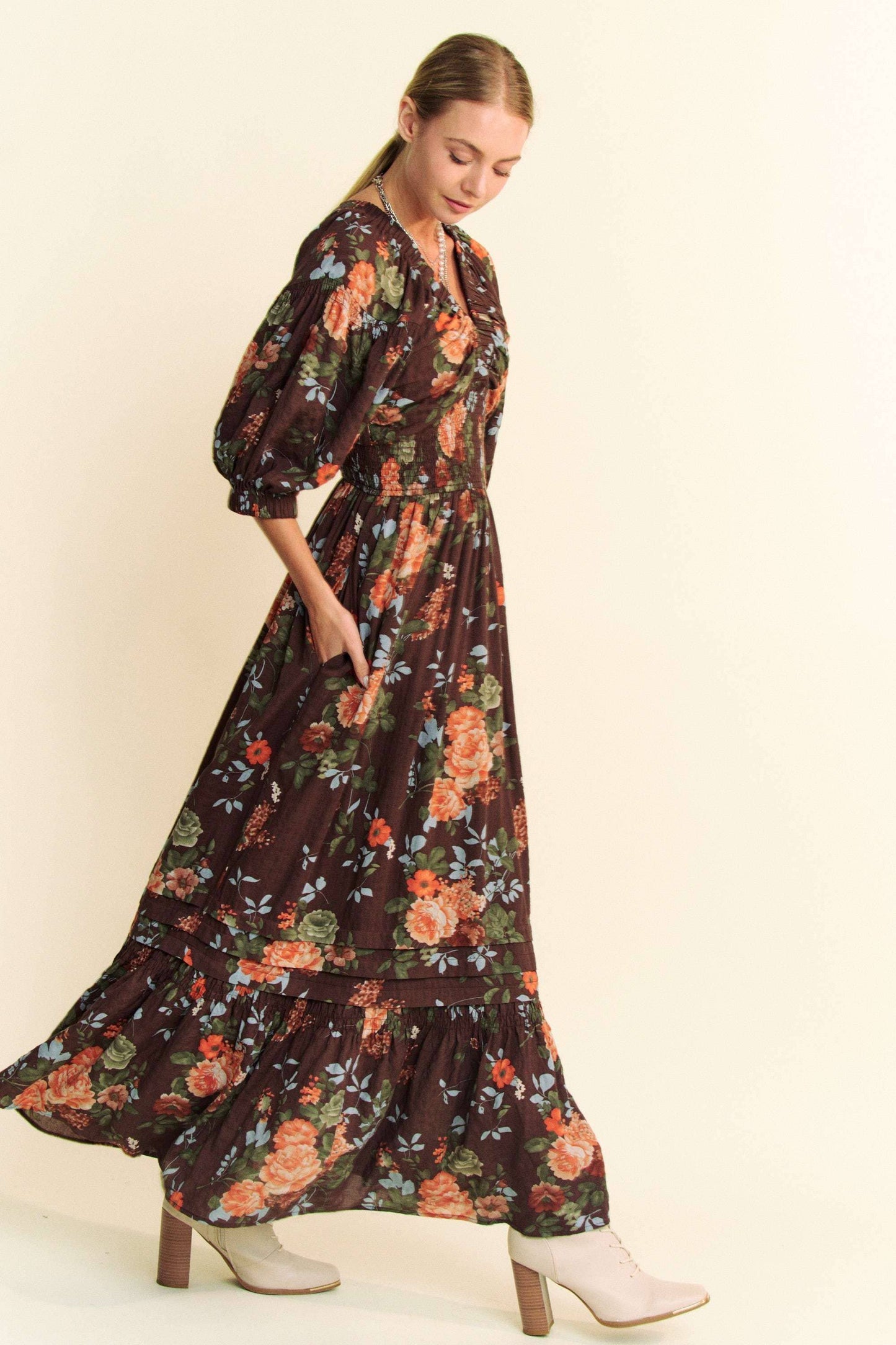 FLORAL THREE QUARTER SLEEVE SMOCKED MAXI DRESS
