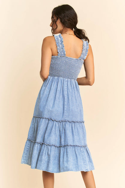 WASHED DENIM SMOCKING STRAPS MIDI DRESS