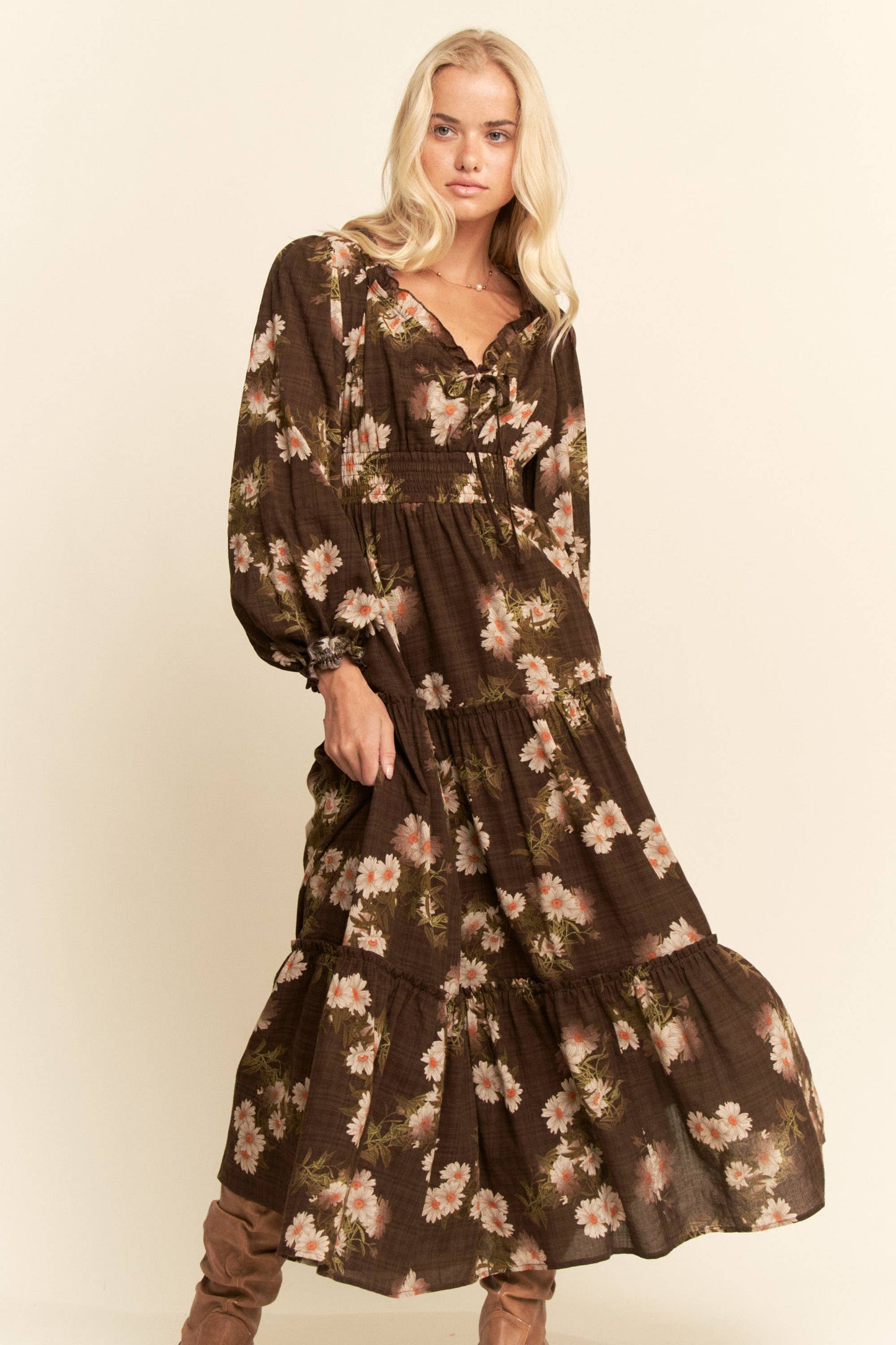 BOHO FLORAL PRINTED RUFFLE TIERED DRESS