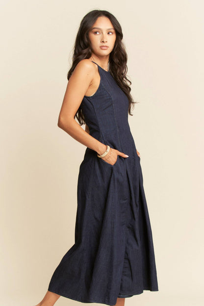 PLUS WASHED DENIM SLEEVELESS FLARE MAXI DRESS