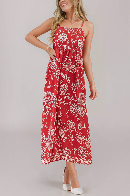 Floral Printed Spaghetti Strap High Waist Maxi Dress
