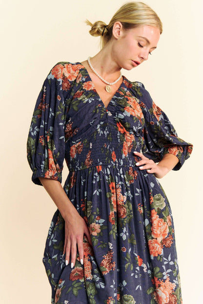 FLORAL THREE QUARTER SLEEVE SMOCKED MAXI DRESS