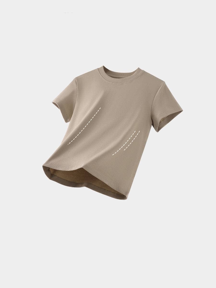 Beige short-sleeve t-shirt floating against a light grey background with diagonal white dashed lines on the front. Casual and minimalist style.