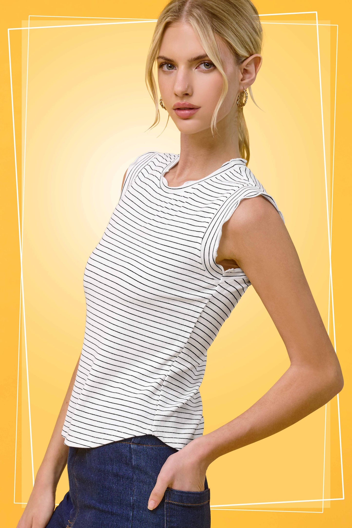 Stretchy Brushed Ruffle Sleeve Stripe Tank Top