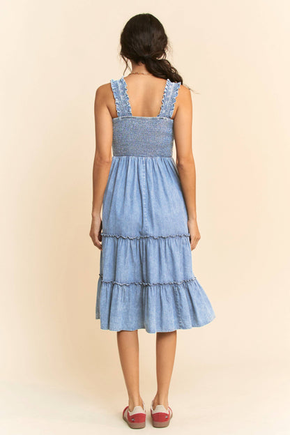 WASHED DENIM SMOCKING STRAPS MIDI DRESS