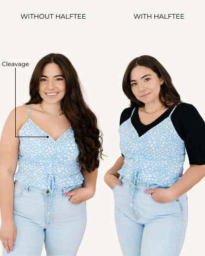 Two women in jeans and matching tops with elbow sleeves and a V-neck, showcasing the same measurements.