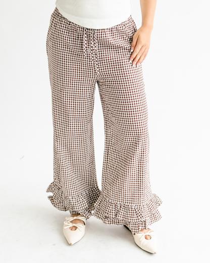 Gingham Ruffled Hem Pants - 100% Cotton
