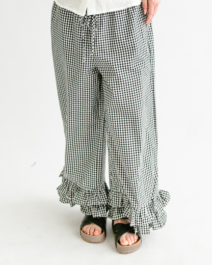 Gingham Ruffled Hem Pants - 100% Cotton