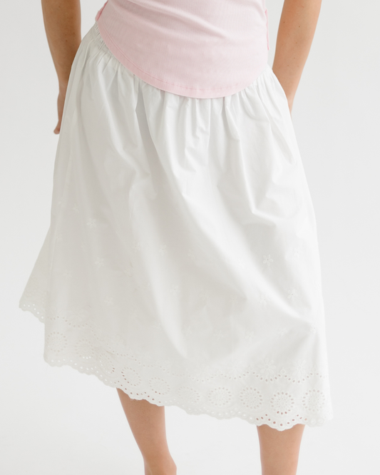 Elastic Waist Lace-Trim Midi Skirt