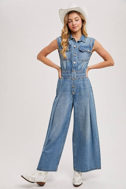 DENIM SLEEVELESS SHIRT JUMPSUIT