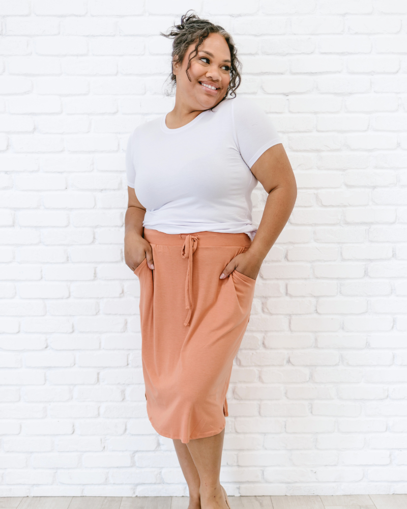 A coral plus size skirt, perfect for everyday wear.