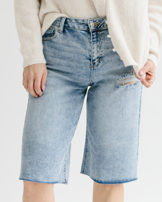 RAW HEM BERMUDA DENIM SHORTS