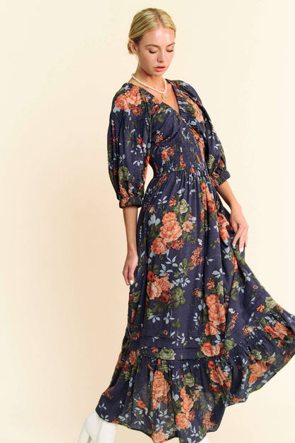 FLORAL THREE QUARTER SLEEVE SMOCKED MAXI DRESS