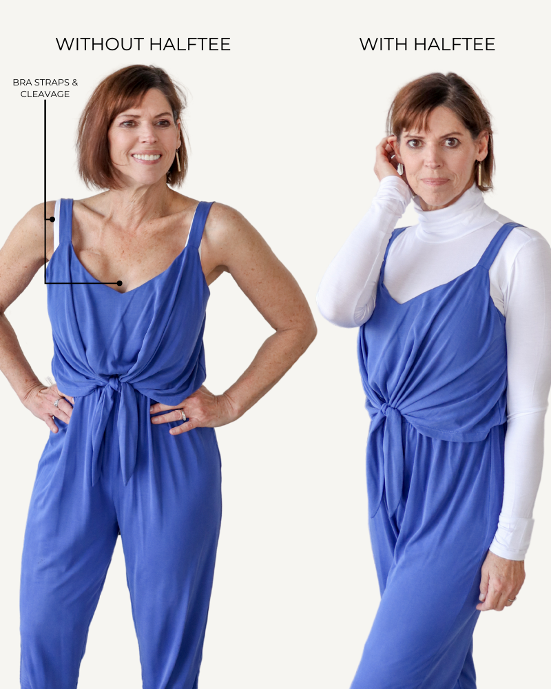 A woman wearing a blue jumpsuit with measurements on the back, made of a spandex/rayon blend, featuring a turtleneck and long sleeves.