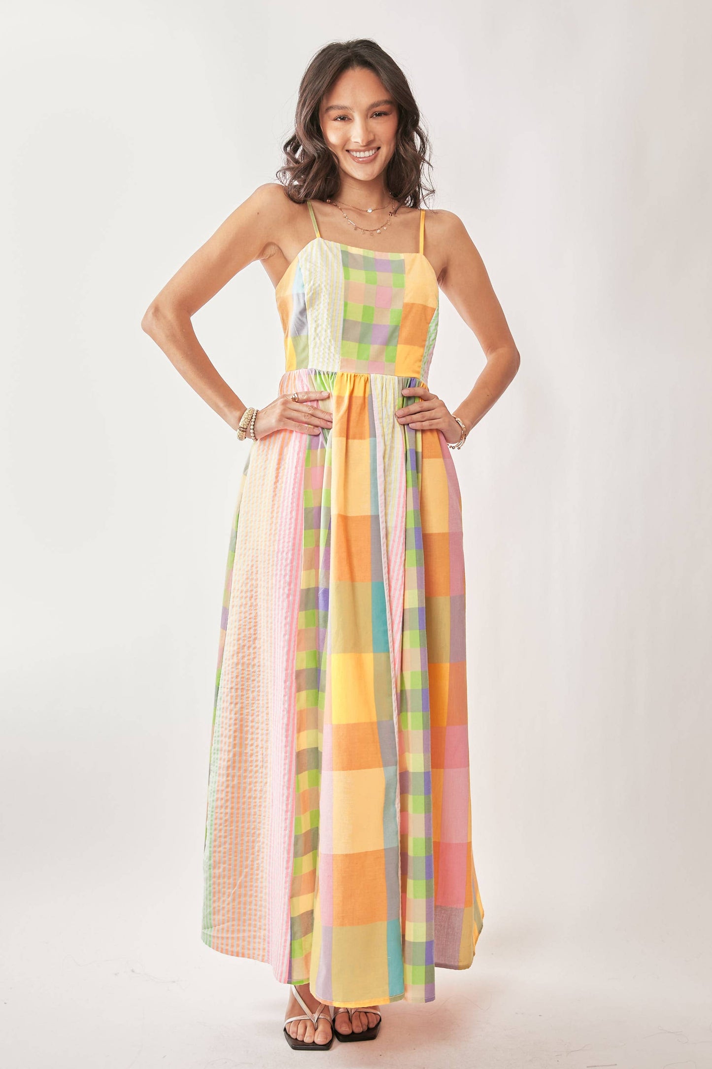 STRIPE PLAID COLOR BLOCKED SMOCKED MIDI DRESS
