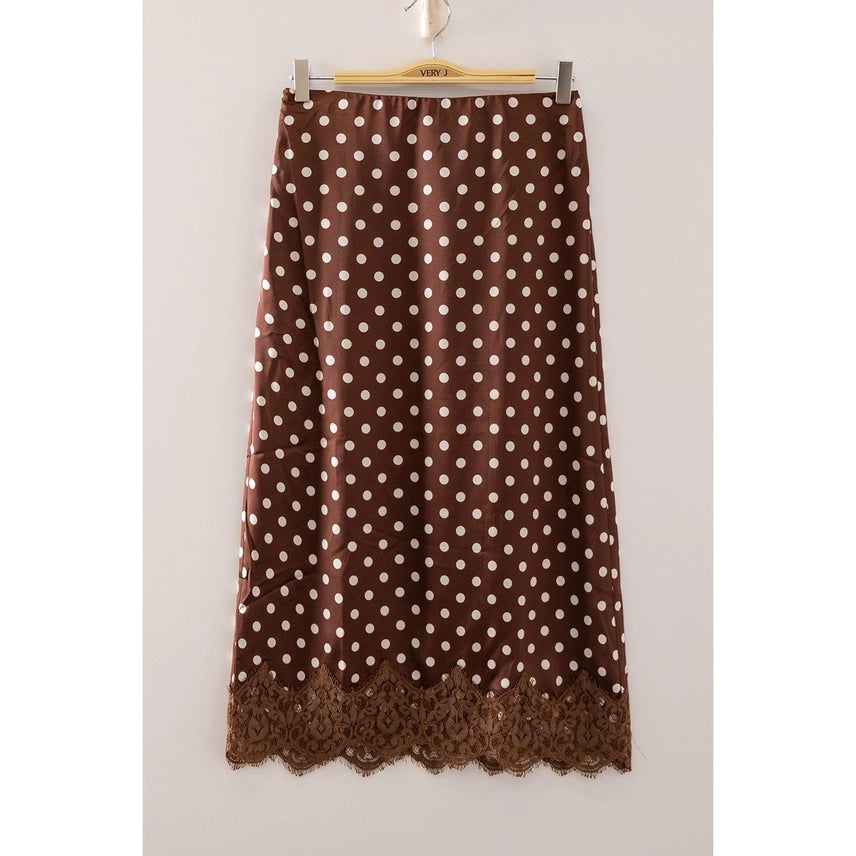 Polk-a-Dot Lace Trim Satin Midi Skirt