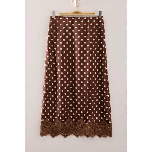 Polk-a-Dot Lace Trim Satin Midi Skirt