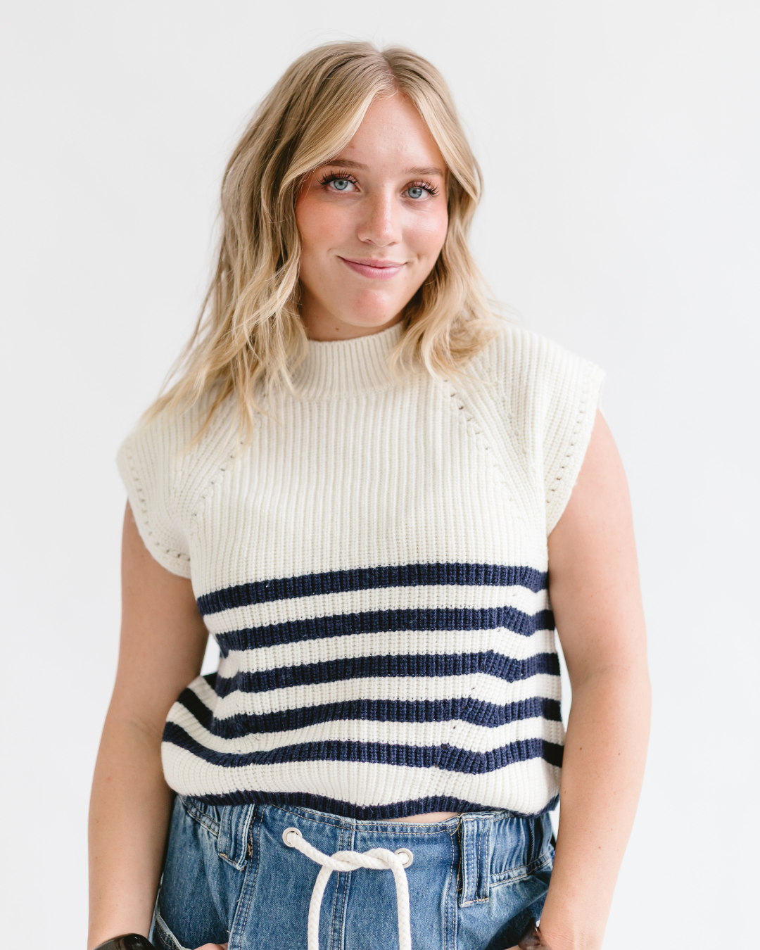 Sleeveless Turtleneck Striped Knit Top