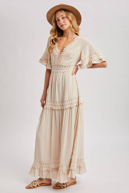 V-NECK LACE TRIM MAXI DRESS