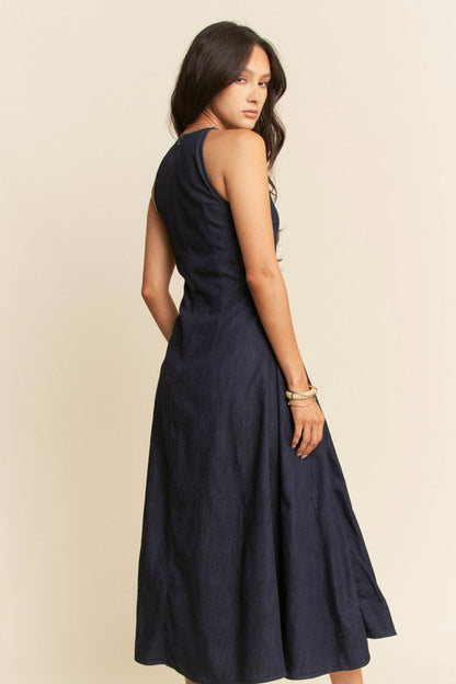 PLUS WASHED DENIM SLEEVELESS FLARE MAXI DRESS